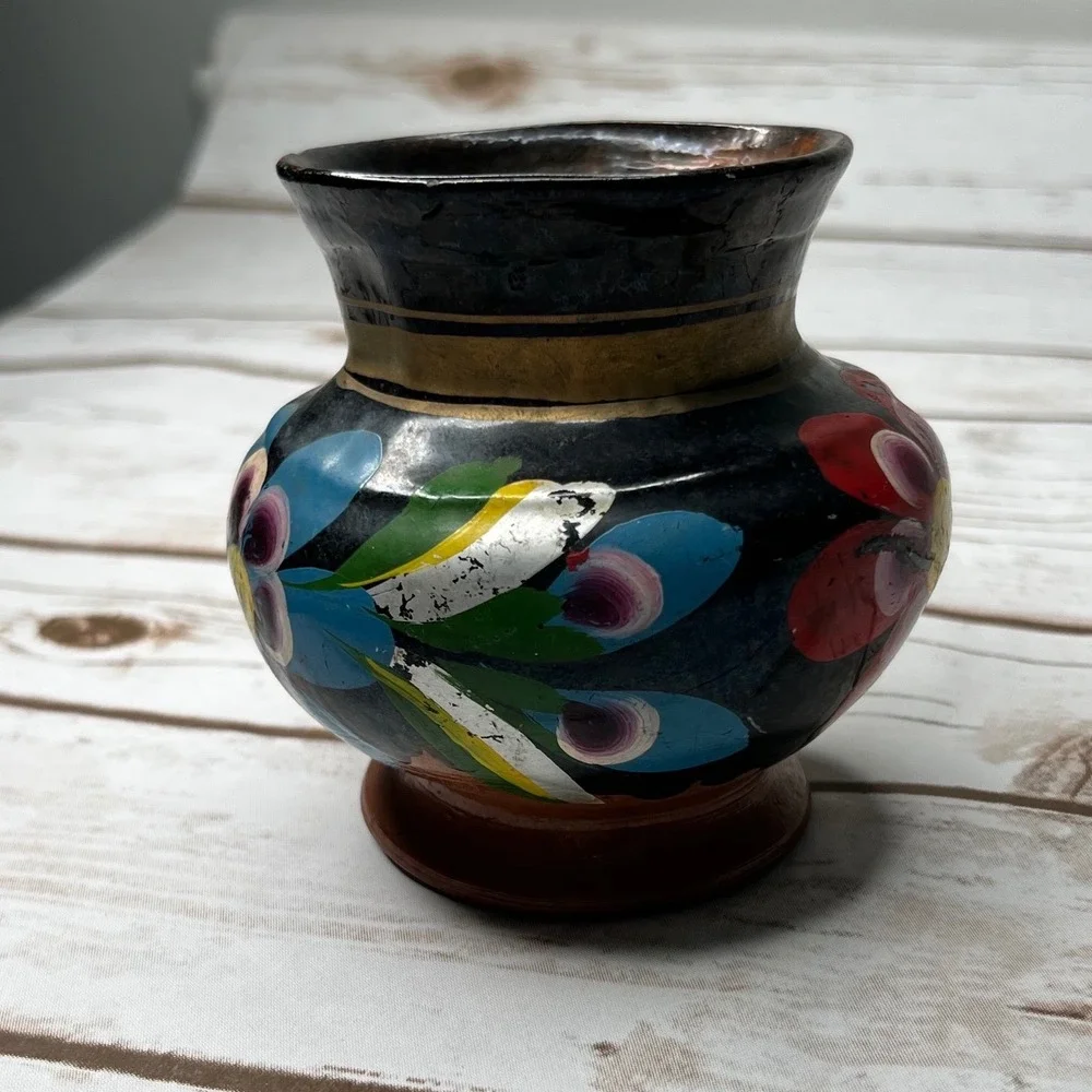 Handmade Mexican Pottery Mug Black Floral Hand Painted Red Ware Folk Art 4.5in